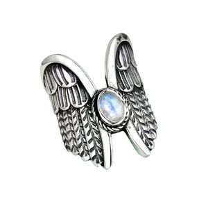 Vintage Style Silver Angel Wings with Iridescent Stone Ring